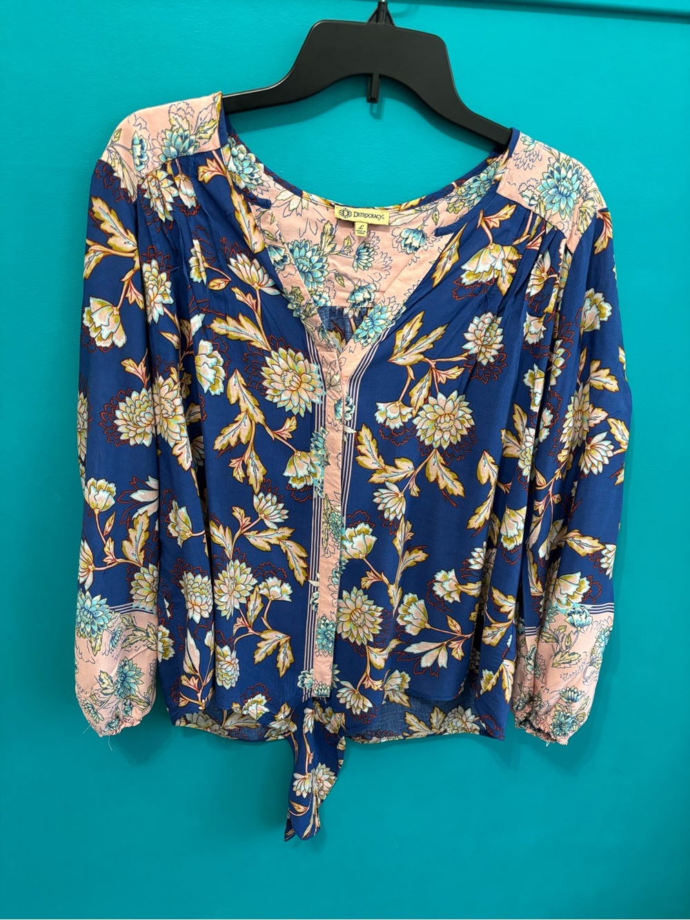 Democracy Royal Blue & Pink Floral Tie-Front Blouse